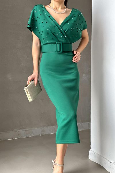 Deafox Rochie cu perle din țesătură verde cu centură