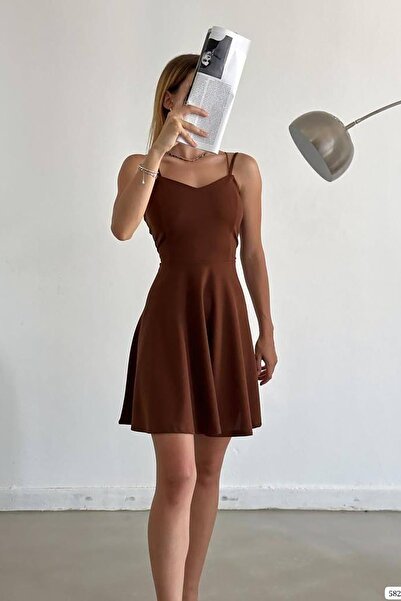 Deafox Brown Thin Strap Back Detail Imported Crepe Fabric Dress