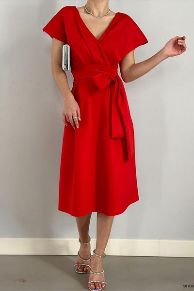 Deafox Red Scuba Fabric Belted Invitation Dress