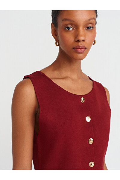 Dilvin 60291 Crew Neck Buttoned Knitwear Vest-Claret Red