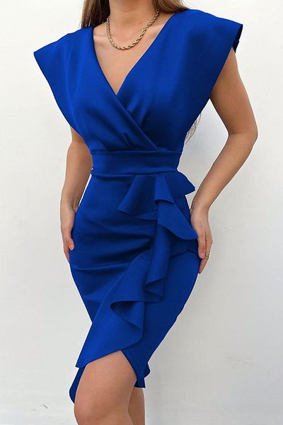 Deafox Rochie Saks Blue Scuba, cu volan, cu umeri