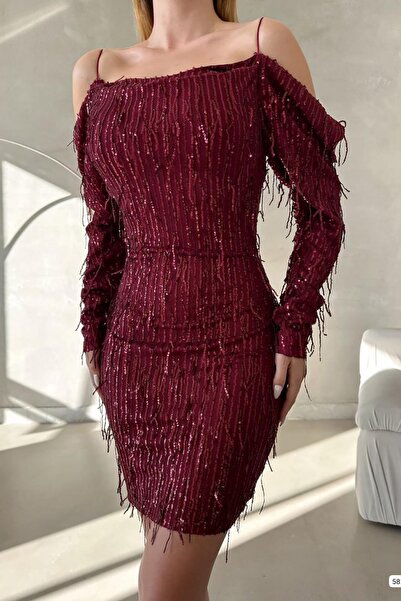 Deafox Piros vékony pántos vállrészlet hosszú ujjú bélelt flitteres flitteres ruha