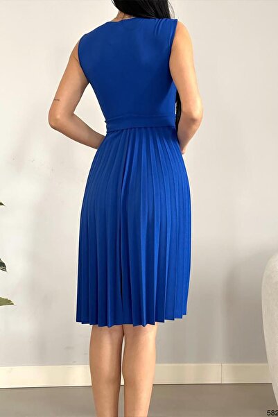 Deafox Saks Mavisi Pliseli Ve Kuşaklı Sıfır Kol Yakalı Kuşaklı Elbise