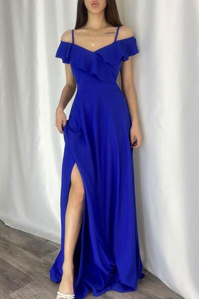 Deafox Saks kék galléros Flounce krepp szövet hosszú estélyi ruha