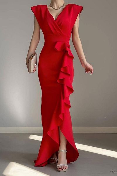 Deafox Rotes Abendkleid aus Netzstoff mit zweireihigem Kragen, Volant und Schlitz