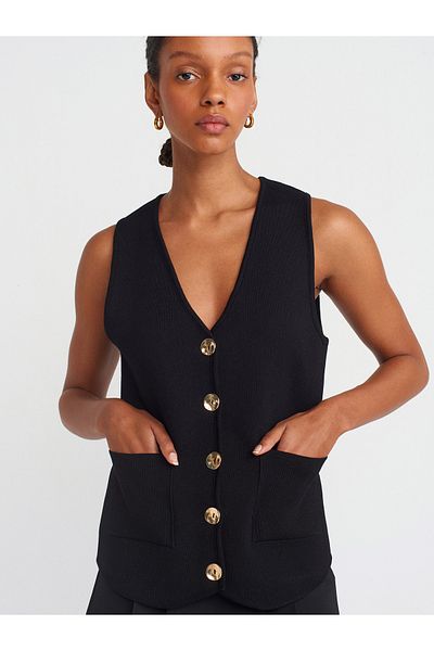 Dilvin 60294 V-Neck Knotted Pocket Knitwear Vest-Black
