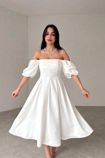 Deafox Crepe-Midikleid – Weiß, Ballonärmel und plissierter quadratischer Kragen