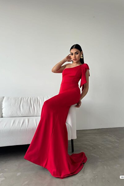 Deafox Red Scuba Fabric - One Shoulder Bow Detail Fish Model Dress