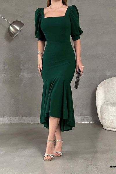 Deafox Emerald Green Crepe Ύφασμα Τετράγωνο Γιακά Μπαλόνι Μανίκι Fish Model Midi Μήκος Φόρεμα
