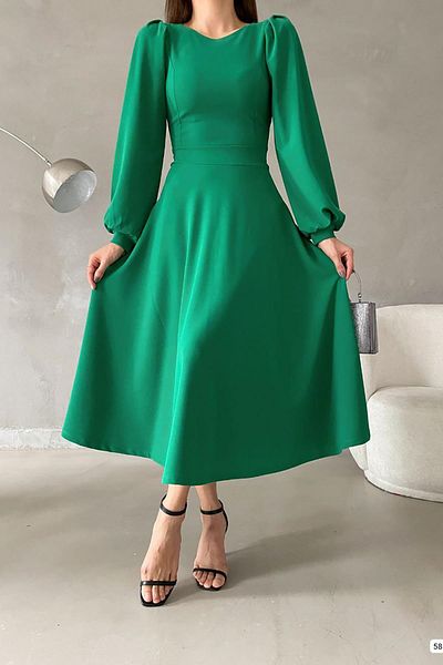Deafox Πράσινο μπαλόνι μανίκι Crew Neck Basic Midi Size Imported Crepe Fabric Dress