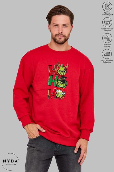 Nyda Collections Унисекс Grinch Hohoho Нова година Коледен щампован суичър с кръгло деколте без качулка