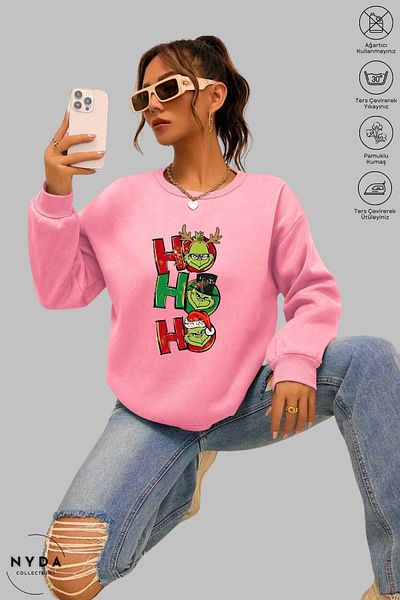 Nyda Collections Unisex Grinch Hohoho Πρωτοχρονιάτικο χριστουγεννιάτικο στάμπα με λαιμόκοψη χωρίς κουκούλα υπερμεγέθη φούτερ