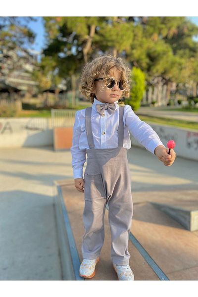 favorimkids Gray Cotton Harem Salopet Classic Long Sleeve Shirt with Bow Tie
