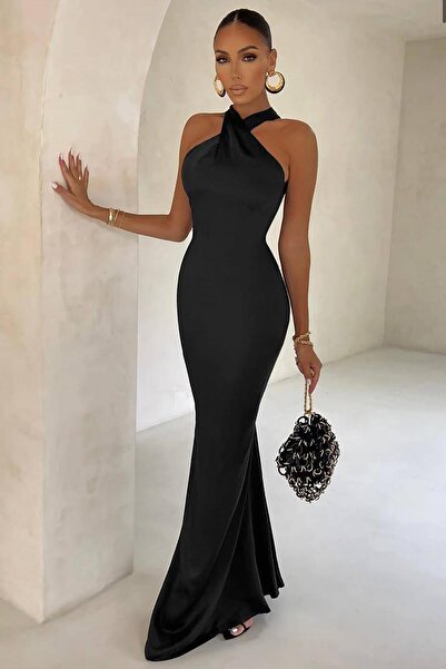 Deafox Czarna importowana satynowa tkanina z kołnierzykiem, metalową klamrą, szczegółowym ukrytym zamkiem błyskawicznym z tyłu, sukienka maxi o niskim kroju