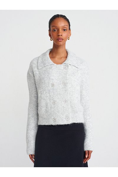 Dilvin 60928 Polo Neck Buttoned Soft Knitwear Cardigan-Gray Melange