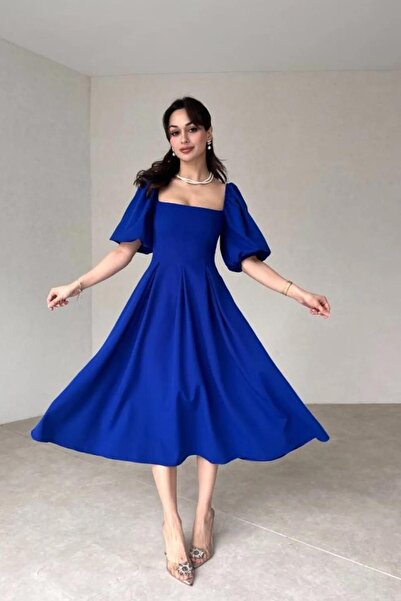 Deafox Saks Mavisi Krep Kumaş Balon Kol Pileli Kare Yaka Midi Boy Elbise