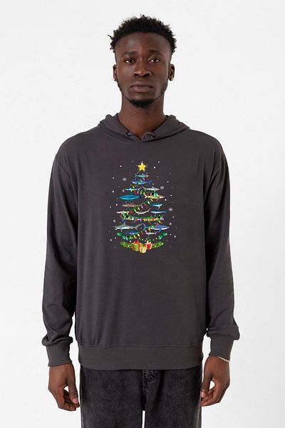 Tshirthane Ανδρικό κουκούλα με κουκούλα 2 κλωστών Shark Christmas Tree Smoked