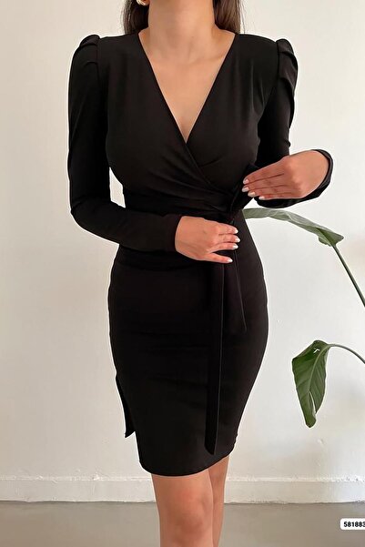 Deafox Rochie neagră cu guler dublu cu fante cu mâneci lungi, din material crepon importat