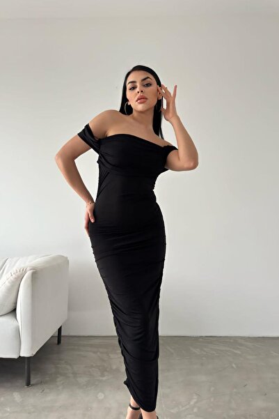 Deafox Black Sandy Fabric Drop Shoulder Detail Draped Midi Dress