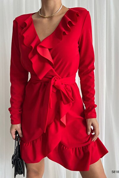 Deafox Red Frilled Front and Flounce Belted Dress