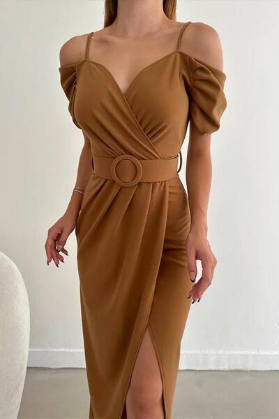 Deafox Double-breasted Collar and Slit Tan Crepe Belt Dress