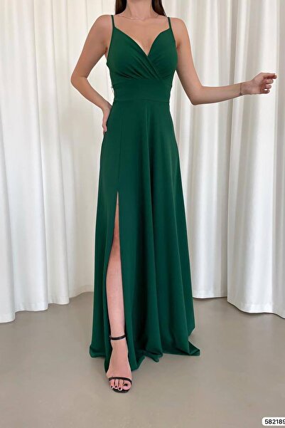 Deafox Green Thin Strap Double Breasted Collar Slit Detail Imported Crepe Fabric Maxi Length Dress
