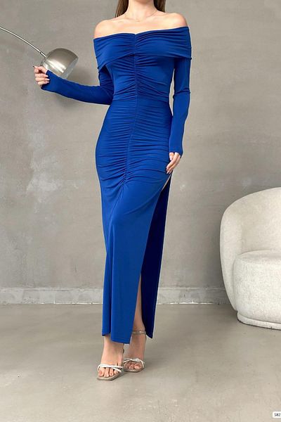 Deafox Φόρεμα Saks Blue Off-the-Shoulder Gather λεπτομέρειας Αμμώδες ύφασμα μακρυμάνικο φόρεμα με βαθύ σκίσιμο