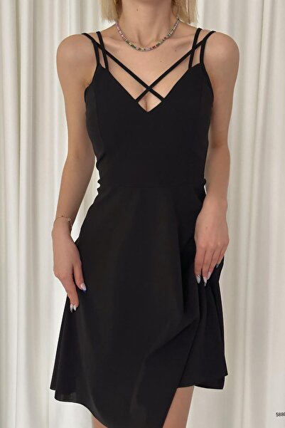 Deafox فستان من قماش الكريب المستورد بحزام متقاطع أسود