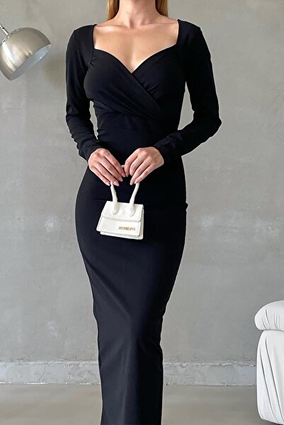 Deafox Černé šaty miláček s výstřihem a dlouhým rukávem