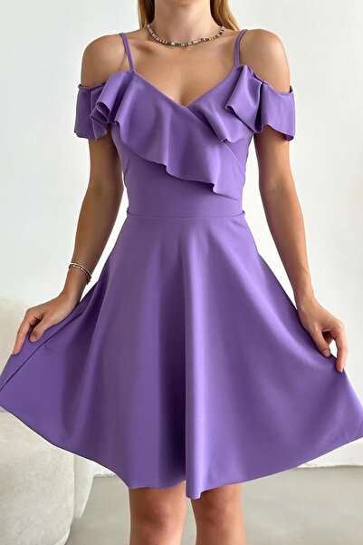 Deafox Rochie liliac cu umeri cu volane