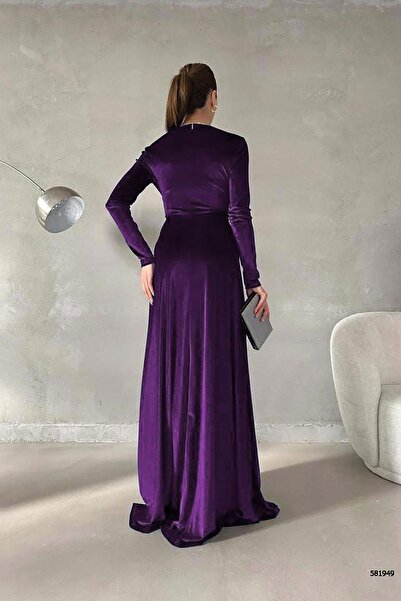 Deafox Mor Kruvaze Yaka Uzun Kol Maxi Boy Yırtmaç Detay Kadife Kumaş Elbise