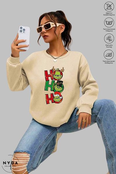 Nyda Collections Unisex Grinch Hohoho Πρωτοχρονιάτικο χριστουγεννιάτικο στάμπα με λαιμόκοψη χωρίς κουκούλα υπερμεγέθη φούτερ
