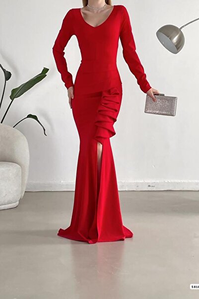 Deafox Red V-Neck Long Sleeve Slit Detail Imported Crepe Fabric Dress