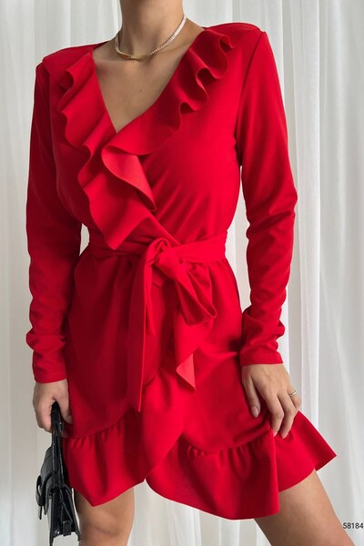 Deafox Red Frilled Front and Flounce Belted Dress