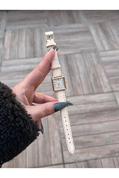 İnogge İnogge Coff Model Krem Renk Deri Kordonlu Kare Kasa Kadın Kol Saati