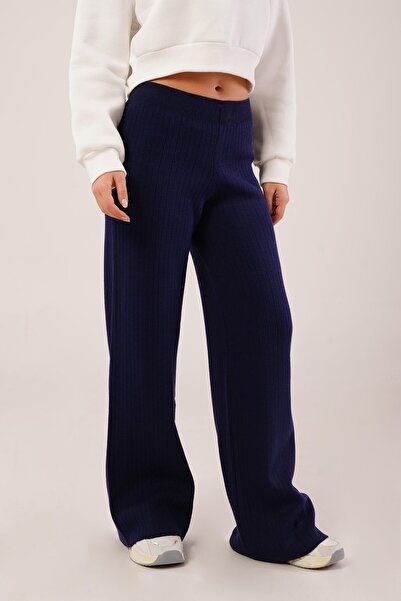 Hipo Trend Rebrasto tamnoplave pletene pantalone sa elastičnim strukom Široke...