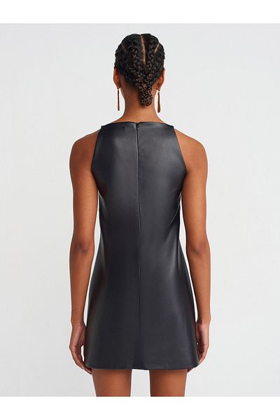 Dilvin 90907 Strap Short Leather Dress-Black