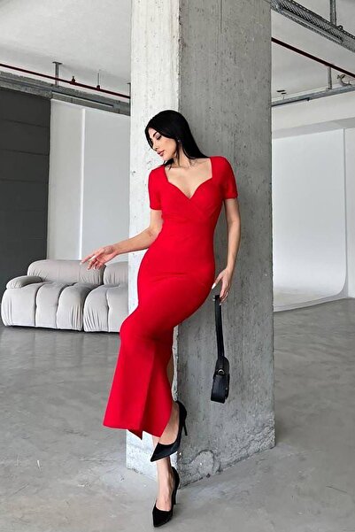 Deafox Red Double Breasted Collar Midi Dress - Short Sleeve, Crepe Fabric