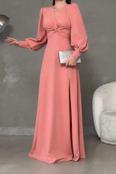 Deafox Detail uzel vpředu z práškové krepové látky Šaty s dlouhým rukávem a dvojitým rozparkem