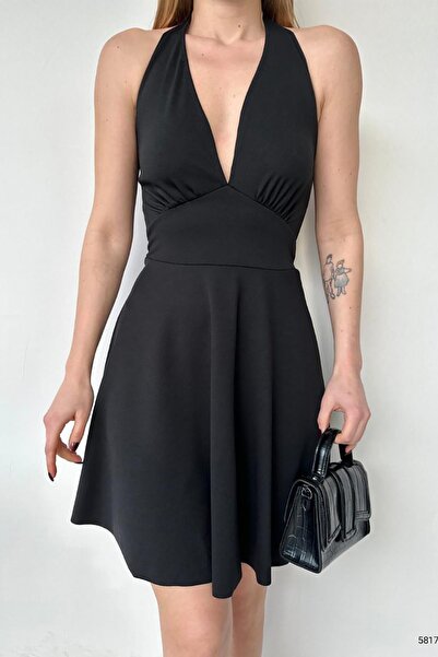 Deafox فستان أساسي من قماش الكريب باللون الأسود