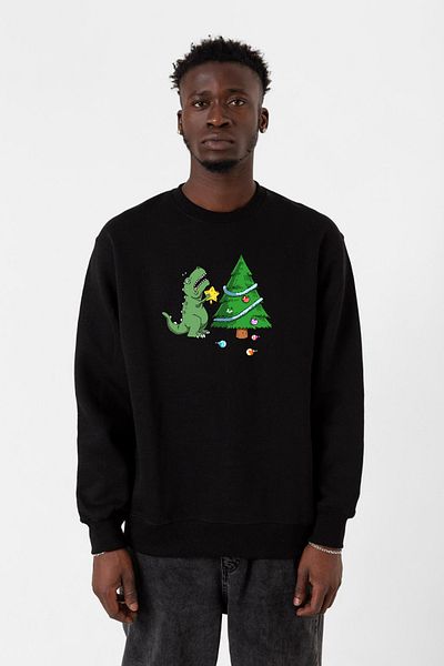 Tshirthane Мъжки суитшърт 2ip с динозавърска коледна елха, черен