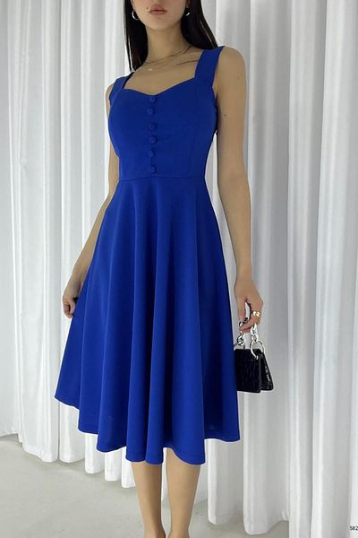 Deafox Saks Blue Εισαγόμενο κρεπ ύφασμα Φόρεμα με λεπτομέρεια με κουμπιά με χοντρό λουράκι