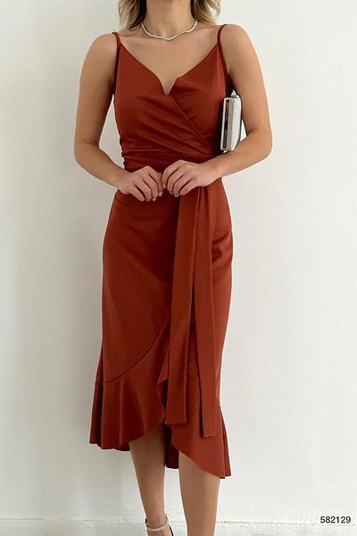 Deafox Rochie cu brâu cu volan de culoare cărămidă, lungime midi