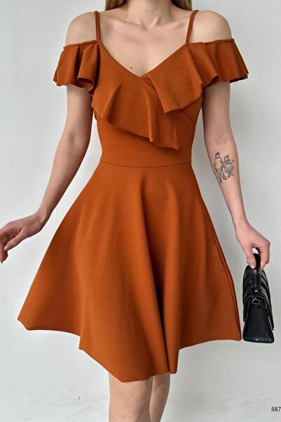 Deafox Brick Color Strappy Shoulder Ruffle Dress