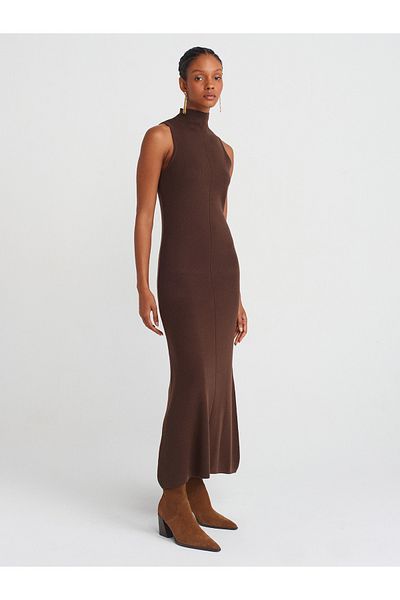 Dilvin 90239 Brown Colored Stand Collar Knitwear Dress - Size M.