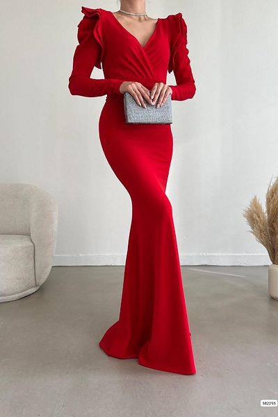 Deafox Rochie cu umeri roșii cu volan, cu mânecă lungă, cu curea, lungime maxi, din material crepon importat
