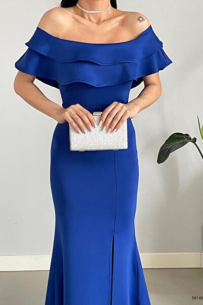 Deafox Saks Blue Scuba Fabric gallér Flounce hosszú ruha