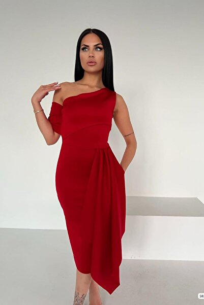 Deafox Piros búvárszövet egy vállú, midi hosszúságú tervezői ruha