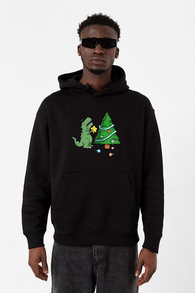 Tshirthane Мъжки суитшърт с качулка 3ip с динозавърска коледна елха, черен
