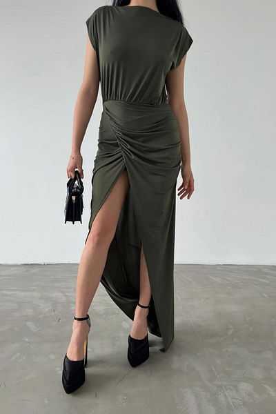 Deafox Φόρεμα Maxi Length με διπλό στήθος από ύφασμα Khaki Sandy